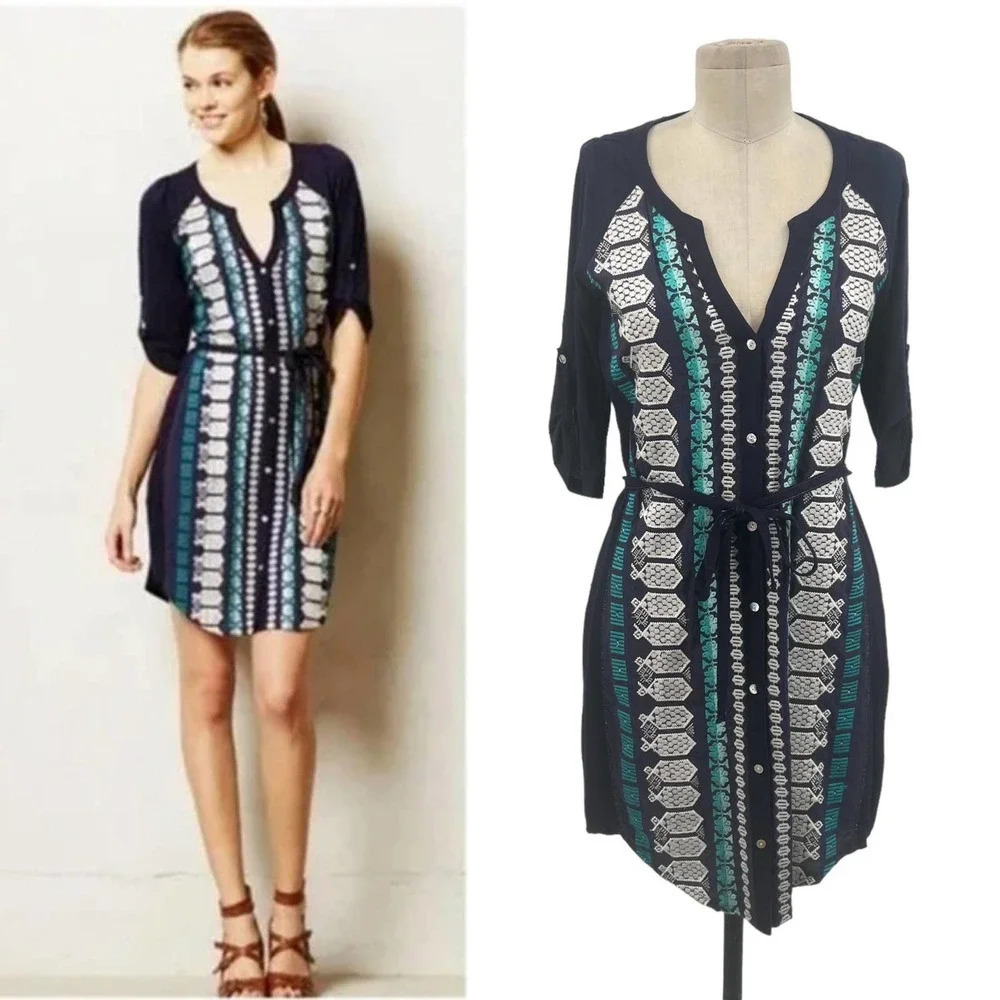 Anthropologie Tiny Nadia Shirt Dress Button Embroidered Navy Blue Teal Size XS